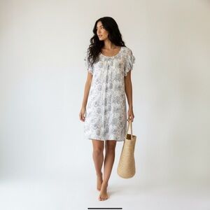 BELLAMBRA Silk Blend Dress XL Blue Floral Ruffled SS Lined Boho Chic Tunic